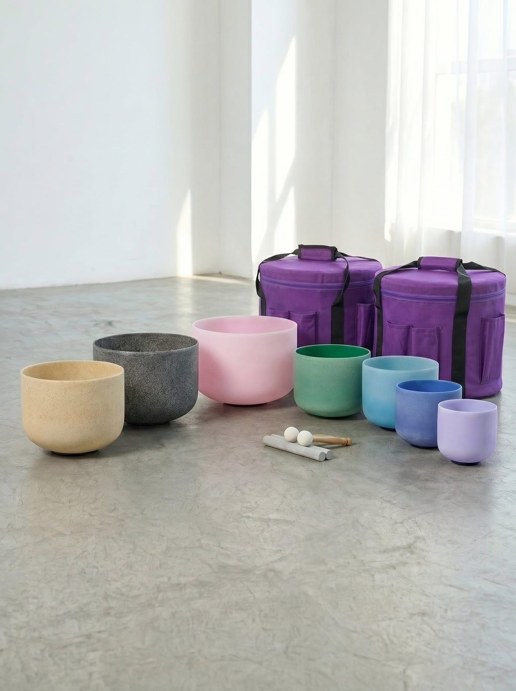 Set de 7 Cuencos de Cuarzo Gemstone 6" - 12"  · 432 Hz + Bolsos