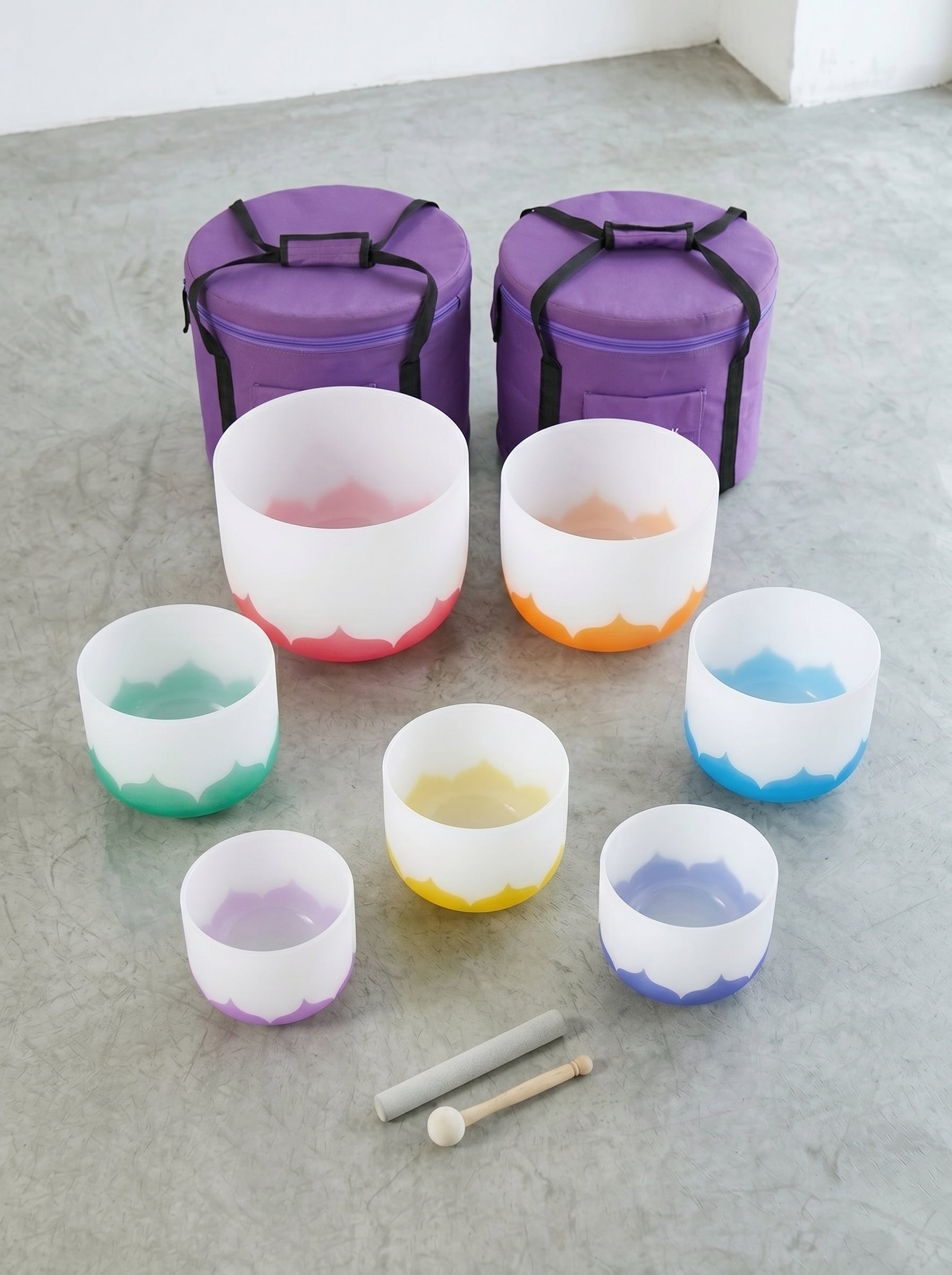 Set de 7 Cuencos de Cuarzo de Colores - Flor de Loto 432 Hz Afinación Precisa (8" - 14") + Bolsos
