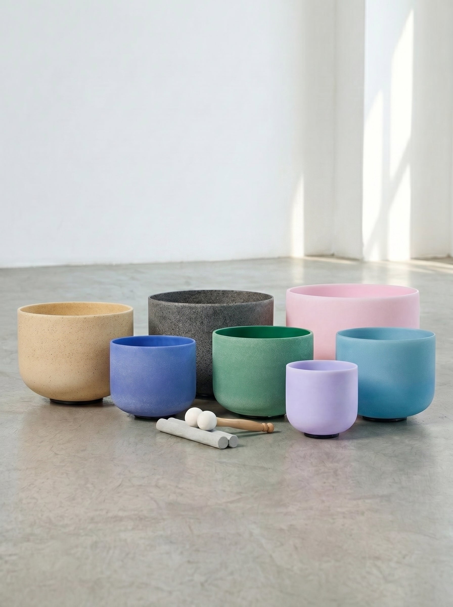 Set de 7 Cuencos de Cuarzo Gemstone 8" - 14"  · 432 Hz + Bolsos