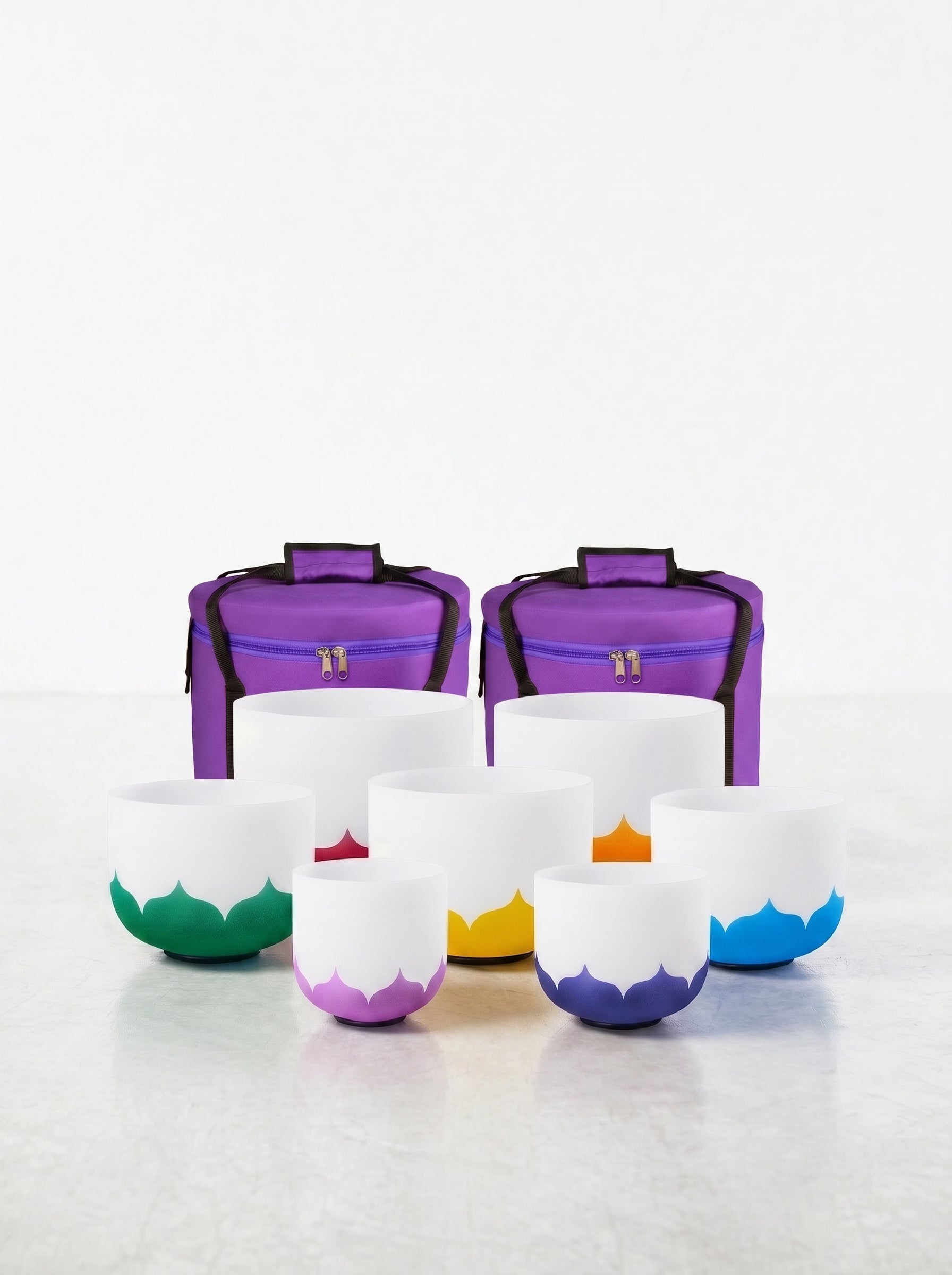 Set de 7 Cuencos de Cuarzo de Colores - Flor de Loto 432 Hz Afinación Precisa (8" - 14") + Bolsos